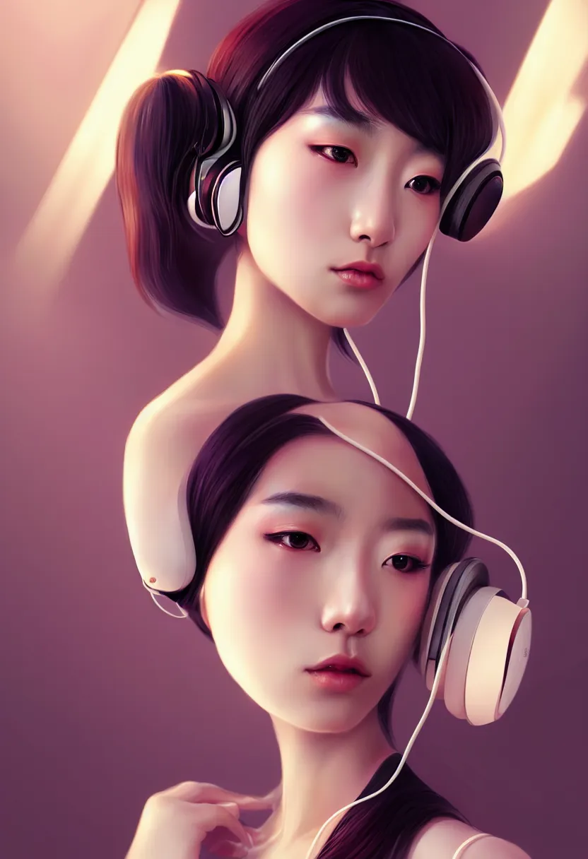 Prompt: japanese young woman waist up portrait, headphones listening to music, elegant as fashion editorial shot, highly detailed, smooth, sharp focus, dramatic lighting, volumetric lighting, cinematic lighting, art by artgerm and and wlop