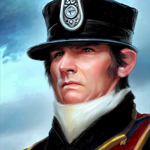 Image similar to a clean shaven confederate general with puffy black sideburns short black hair and a square face, an english man, dnd character art, painting by artgerm and ed binkley, HDR color