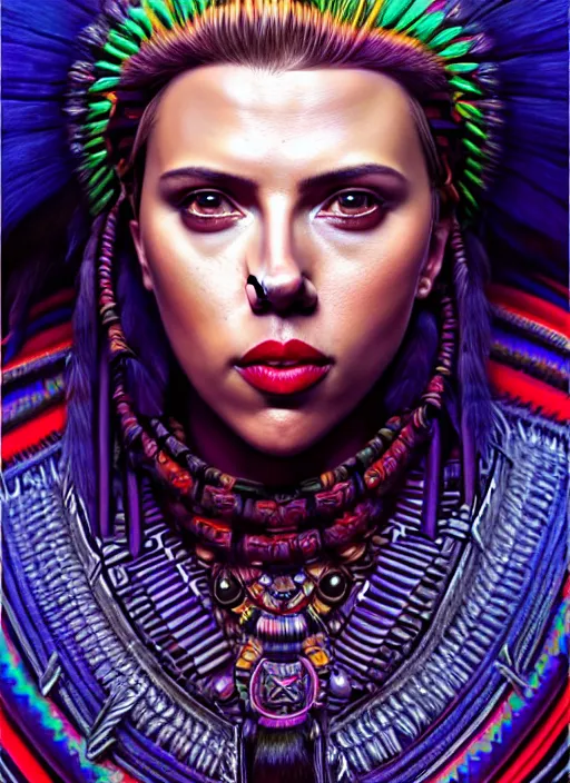 Image similar to portrait of scarlett johansson, hyper detailed ultra sharp aztec shaman warrior. trending on artstation, warpaint aesthetic, bloodwave, colorful, psychedelic, ornate, intricate, digital painting, concept art, smooth, sharp focus, illustration, art by artgerm and greg rutkowski and h. r. giger, 8 k