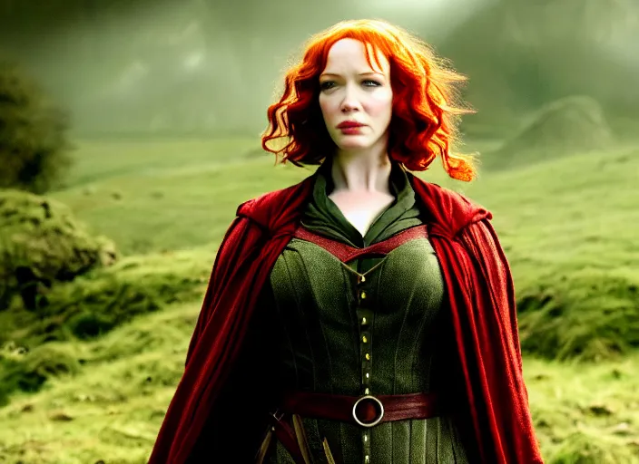 Prompt: filmstill christina hendricks the - lord - of - the - rings, 1 0 0 mm lens, canon eos, red cinema camera, frontal view, dynamic pose, intricate, elegant, highly detailed, centered, redshift, octane, smooth, sharp focus, zeiss lens,