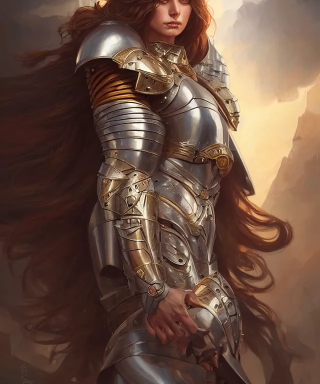 Image similar to Muscular and powerful medieval knight woman portrait, sci-fi, amber eyes, face, long hair, fantasy, intricate, elegant, highly detailed, digital painting, artstation, concept art, smooth, sharp focus, illustration, art by artgerm and greg rutkowski and alphonse mucha