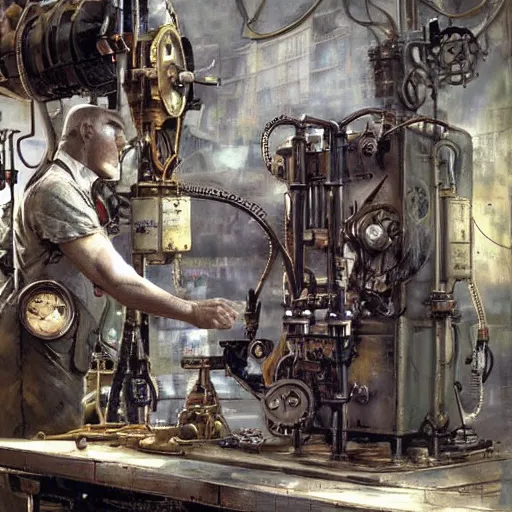 Image similar to A random pointless contraption ((steampunk)) industrial appliance pneumatic machine with no apparent purpose, being operated by a scholarly looking man with a clear directed gaze, artwork by Craig Mullins