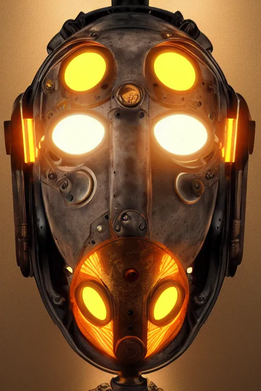 Image similar to steampunk mask minimalist fantasy art robot ninja helmet, global illumination ray tracing hdr fanart arstation by sung choi and eric pfeiffer and gabriel garza and casper konefal radiating a glowing aura