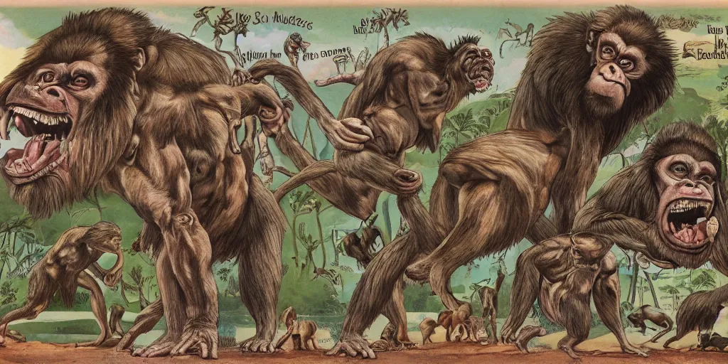 Prompt: Very detailed biological schema showing five missing links in the evolution of ape into man