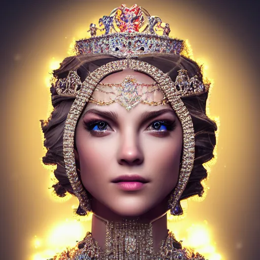 Image similar to portrait of wonderful princess of diamond with fair skin, ornate with diamonds, 8 k, gorgeous, intricate, detailed, glowing white accent lighting, dramatic lighting, octane render