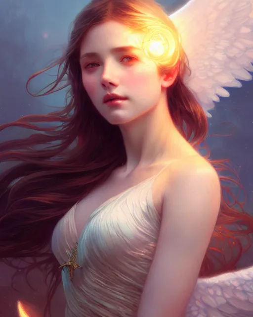 Prompt: a beautiful cinematic portrait sexy female angel, fantasy ocean, fantasy magic, moonlit night, intricate, elegant, sharp focus, illustration, highly detailed, digital painting, concept art, matte, art by wlop and artgerm and greg rutkowski and alphonse mucha, masterpiece