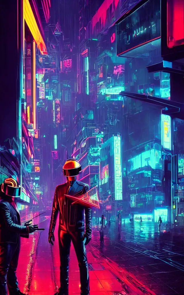 Image similar to concept art of daft punk at a magnificent dark neon futuristic cyberpunk city bustling street at night cyberart by liam wong in the film akira rendered in octane, 3 d render, trending on cgsociety, blender 3 d