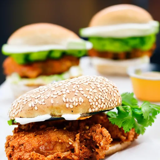 Image similar to Cemitas Fried chicken, chipotle Spread, oaxaca cheese, tomato, cilantro, onion and avocado on sesame seed bun, food photography, 4k