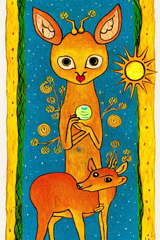 Image similar to tiny golden deer glowing eyes and sun ray mane holding lit matches and singing, children's book illustration, traditional folk art style, gouache on paper, outsider art, David Palladini, Mu Pan, Carson Ellis, Julia Sarda, tarot card, Henry Darger, Louis Wain