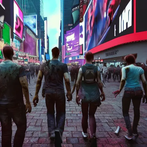 Image similar to Zombies walking in Times Square, realistic artstyle, wide shot, dramatic lighting, octane render, hyperrealistic, high quality, highly detailed, HD, beautiful, cinematic, 8k, unreal engine, facial accuracy, symmetrical