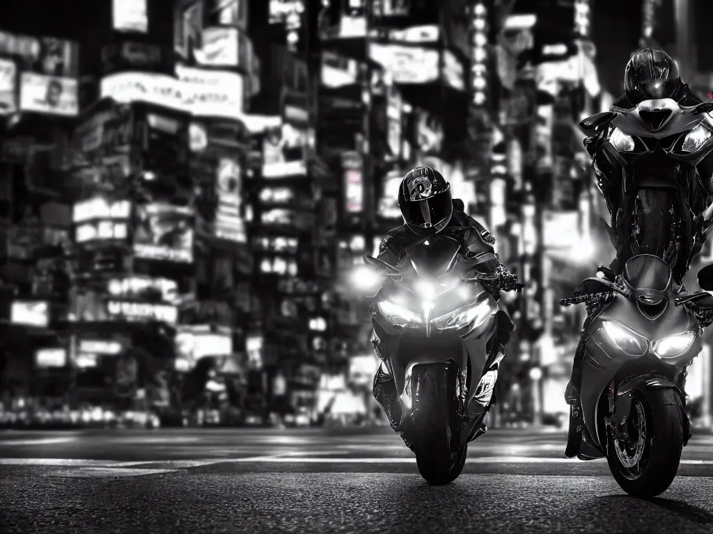 Prompt: a Photorealistic hyperdetailed hyper realistic dramatic moody Low angle night time close up photograph of biker speeding on a GSX R1000 in the middle of busy shibuya crossing Tokyo,multiple light trails by photographer Lindsay Adler,Beautiful dramatic very dark moody tones and lighting,cinematic atmosphere,photorealism,8K