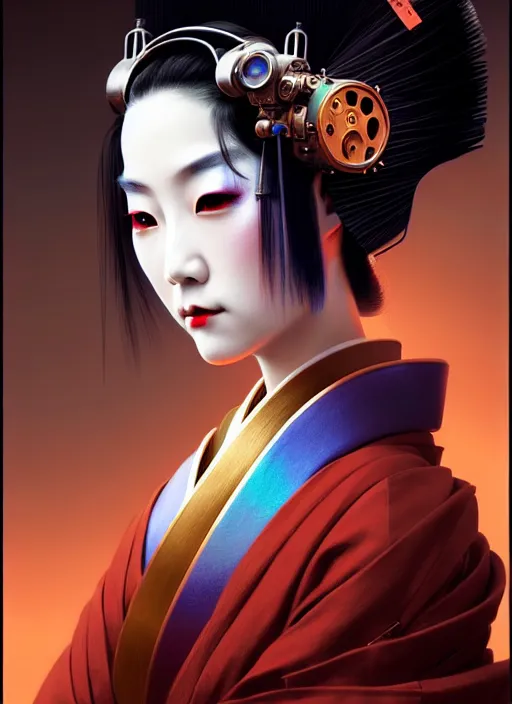 Prompt: beautiful japanese geisha wearing vr eyepiece, robotic, android, cyborg, cyberpunk face, steampunk, fantasy, intricate, elegant, highly detailed, colorful, vivid color, digital painting, cinematic lighting, artstation, concept art, art by artgerm and greg rutkowski and ruan jia,
