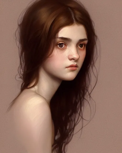 Image similar to portrait of a welsh teenage girl with brown hair, dark brown eyes, glowing skin, delicate features, quiet beauty, amelie poulain, fantasy, intricate, elegant, dress shirt, highly detailed, digital painting, artstation, concept art, smooth, sharp focus, illustration, art by Krenz Cushart and Artem Demura and alphonse mucha