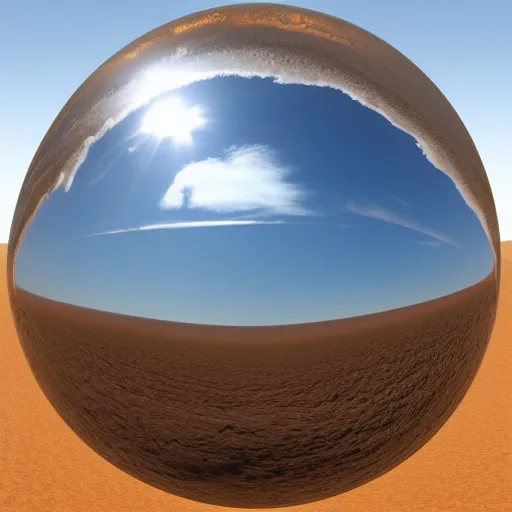 Prompt: an extremely detailed professional photo bright day of a large sphere with a mirrored surface on the ground in the gobi desert 1996 3d render