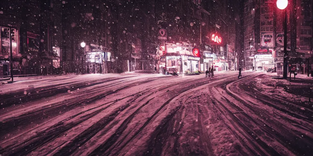 Image similar to a city street at night, snowing, photograph, cyberpunk, sharp focus, intricate detail, Desolate, drone shot, high resolution, 8k, neon streetlights, wires hanging down everywhere