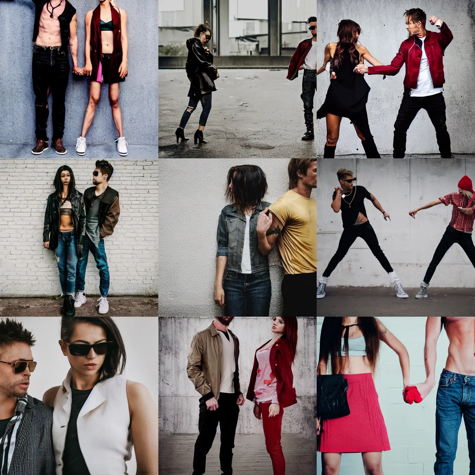 Prompt: his and hers matching tyler durden outfits, attractive young couples in coordinated clothes, fashion product photography, man and woman dressed like brad pitt in fight club