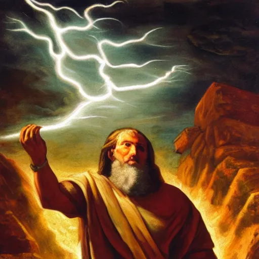 Image similar to A painting of Moses holding up the ten commandments with lightning, fire and pillars of smoke