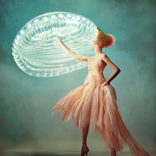 Image similar to a luminous jelly fish armor. soft. fragile. by ray caesar. by louise dahl - wolfe. by andrea kowch. by anna claren. surreal photography