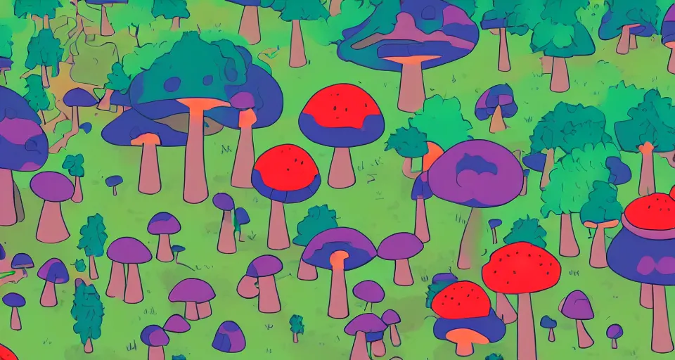 Prompt: A tribal village in a forest of giant mushrooms, by Kurzgesagt,