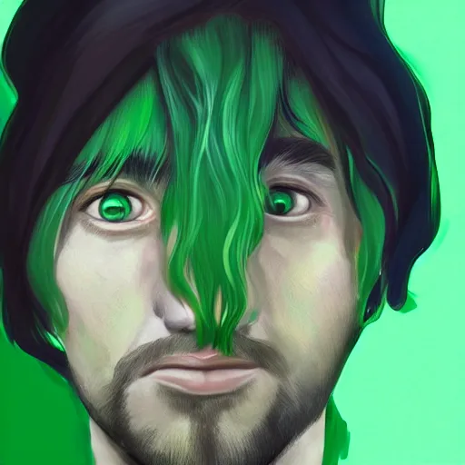 Image similar to portrait of a man with green hair, with eyes that look like a clock, digital art, trending on artstation