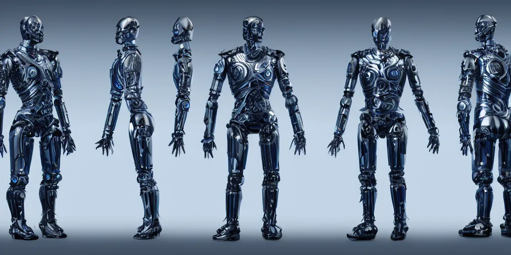 Image similar to a futuristic male humanoid robot, heavily armed, ornate armor, using a schematic blue print as a guide, photo realistic, dark fantasy, 4 k, full body