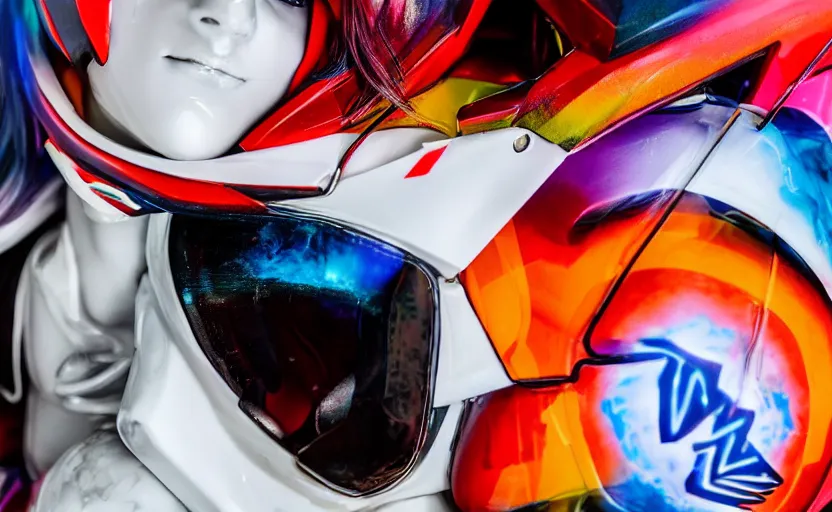 Prompt: beautifully lit medium close up photo of a white marble statue of an anime girl with colorful motocross logos and motorcycle helmet with closed visor, colorful smoke in the background, carved marble statue, fine art, neon genesis evangelion, virgil abloh, offwhite, denoise, highly detailed, 8 k, hyperreal