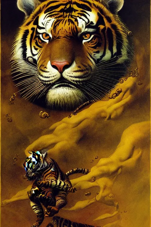 Prompt: turbulent tiger with gold and blue stripes in the style of wayne barlowe, gustav moreau, goward, bussiere, roberto ferri, santiago caruso, luis ricardo falero, austin osman spare