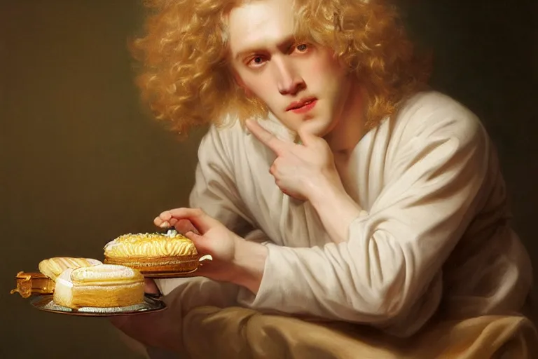 Image similar to Lucius as a pale albino prince of luxurious scintillating radiance, long fluffy blond curly hair, enjoying delicate cakes and pastries, oil on canvas, golden hour, artstation, by J. C. Leyendecker and Peter Paul Rubens