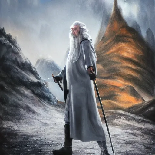 Image similar to Gandalf the grey on his horse protecting the city with magic from his staff from an imminent meteor strike, mountains in the distance, wide angle shot, hyper realistic painting, leica noctilux