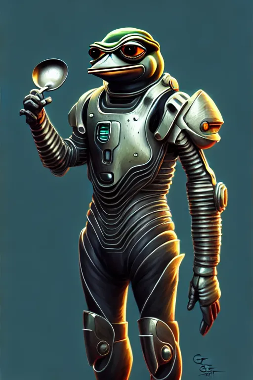 Image similar to Portrait of pepe with a spoon wearing futuristic power armor, fantasy, intricate, highly detailed, digital painting, trending on artstation, sharp focus, illustration, style of Stanley Artgerm and Greg Rutkowski and Dan Mumford