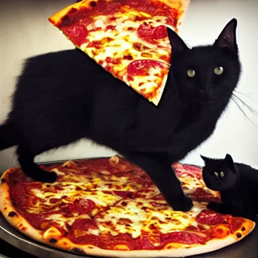 Image similar to “a black cat putting pizza in a pizza oven”