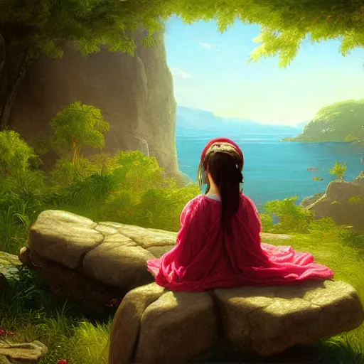 Prompt: a painting of a little girl sitting on a rock, a digital painting by thomas cole, cgsociety, metaphysical painting, 2 d game art, storybook illustration, detailed painting