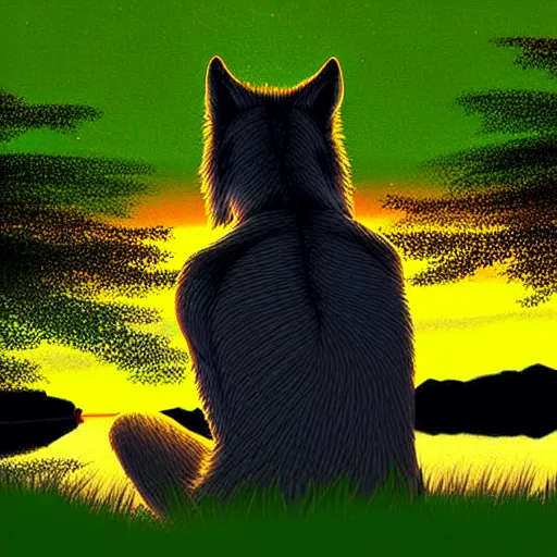 Image similar to view from behind of wolf pup sitting on the shore of a pond, looking out at a sunset, digital art, award winning stunning illustration