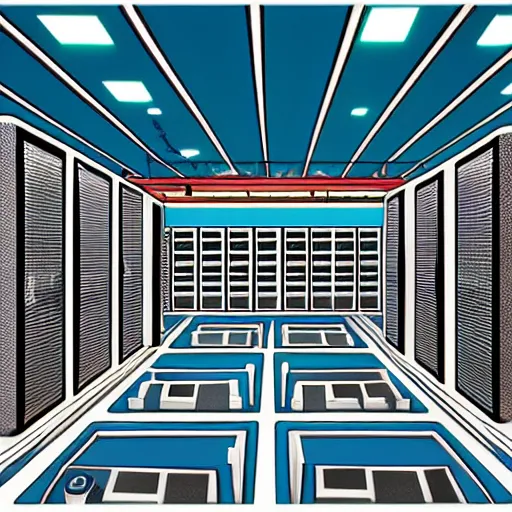 Image similar to Interior of a retrofuturistic data center, very detailed, cartoon style