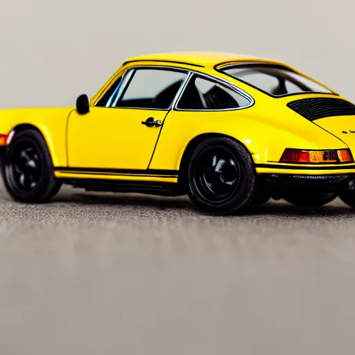 Image similar to close up photo of a small toy porsche 9 1 1 9 6 4 on a yellow road stripe, cinematic, shallow dof, 3 0 mm, 4 k, macro