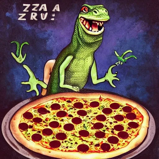 Image similar to lizard man, eating pizza, thunderstorm, texas, crying