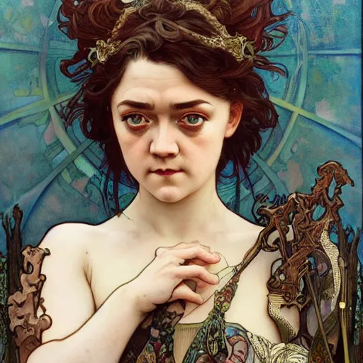 Prompt: realistic detailed portrait en buste of Maisie Williams by Alphonse Mucha, Ayami Kojima, Amano, Charlie Bowater, Karol Bak, Greg Hildebrandt, Jean Delville, and Mark Brooks, Art Nouveau, Neo-Gothic, gothic, rich deep moody colors