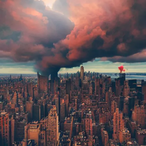 Image similar to dystopian, destroyed new york city, real, blue sky, smoke, red clouds, detailed, award winning, masterpiece, photograph, cinematic