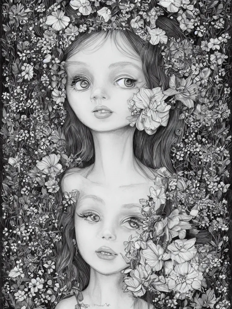 Image similar to a portrait of a cute flower fairy with whimsical big eyes in a garden and surrounded by flowers, pencil drawing, black and white, trending on artstation, behance, deviantart, drawn by tom lovell, artgerm, jsc, j. scott campbell