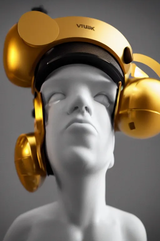 Image similar to cinematic close up portrait of Cupid wearing a golden Oculus VR headset on his face. Centered, uncut, unzoom, ultra realistic, zenith view, polished white marble, unreal engine, ray tracing, hd, 4k, Dslr, tiltshift, dof. 64megapixel.