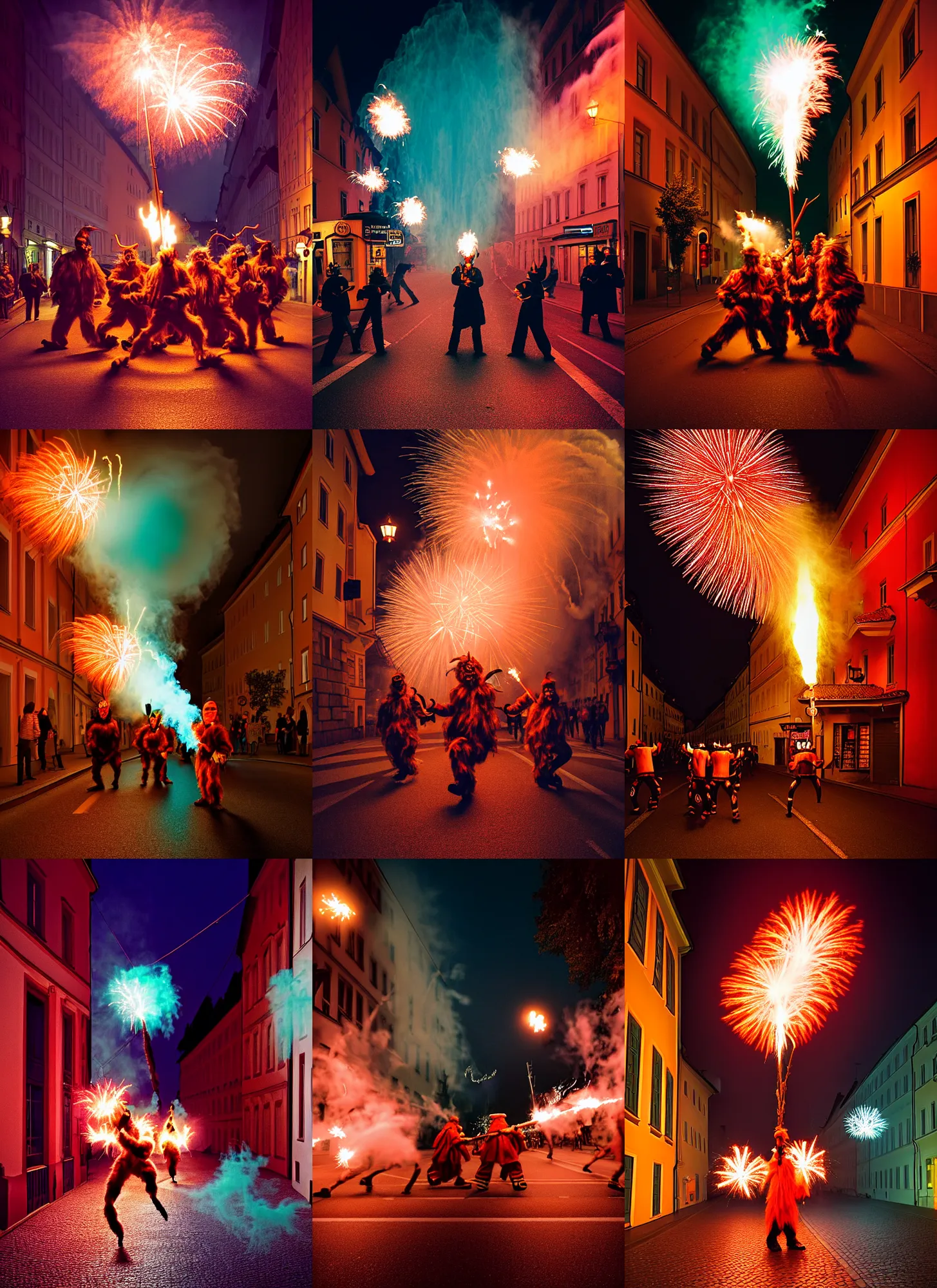 Image similar to kodak portra 4 0 0, award winning dynamic photograph of a bunch of hazardous krampus by robert capas, in muted colours, striped orange and teal, motion blur, on a street in salzburg at night with colourful pyro fireworks and torches