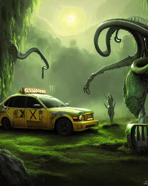 Image similar to xenomorph taxi car in a fantasy village, calming, uplifting mood, ultra realistic, farm, small buildings, highly detailed, atmosphere, masterpiece, epic lighting, elves, green plants, magic, illuminated, 4 k, cinematic, morning sun, art by eddie mendoza, sylvain sarrailh