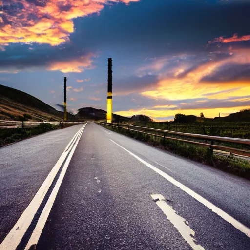 Image similar to a road next to warehouses, and a hill behind it with a radio tower on top, instant camera, sharp focus, sunset