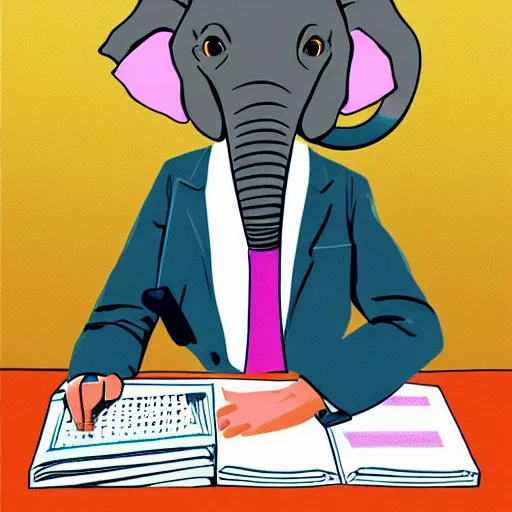 Image similar to an elephant as a secretary in 50's office, digital art