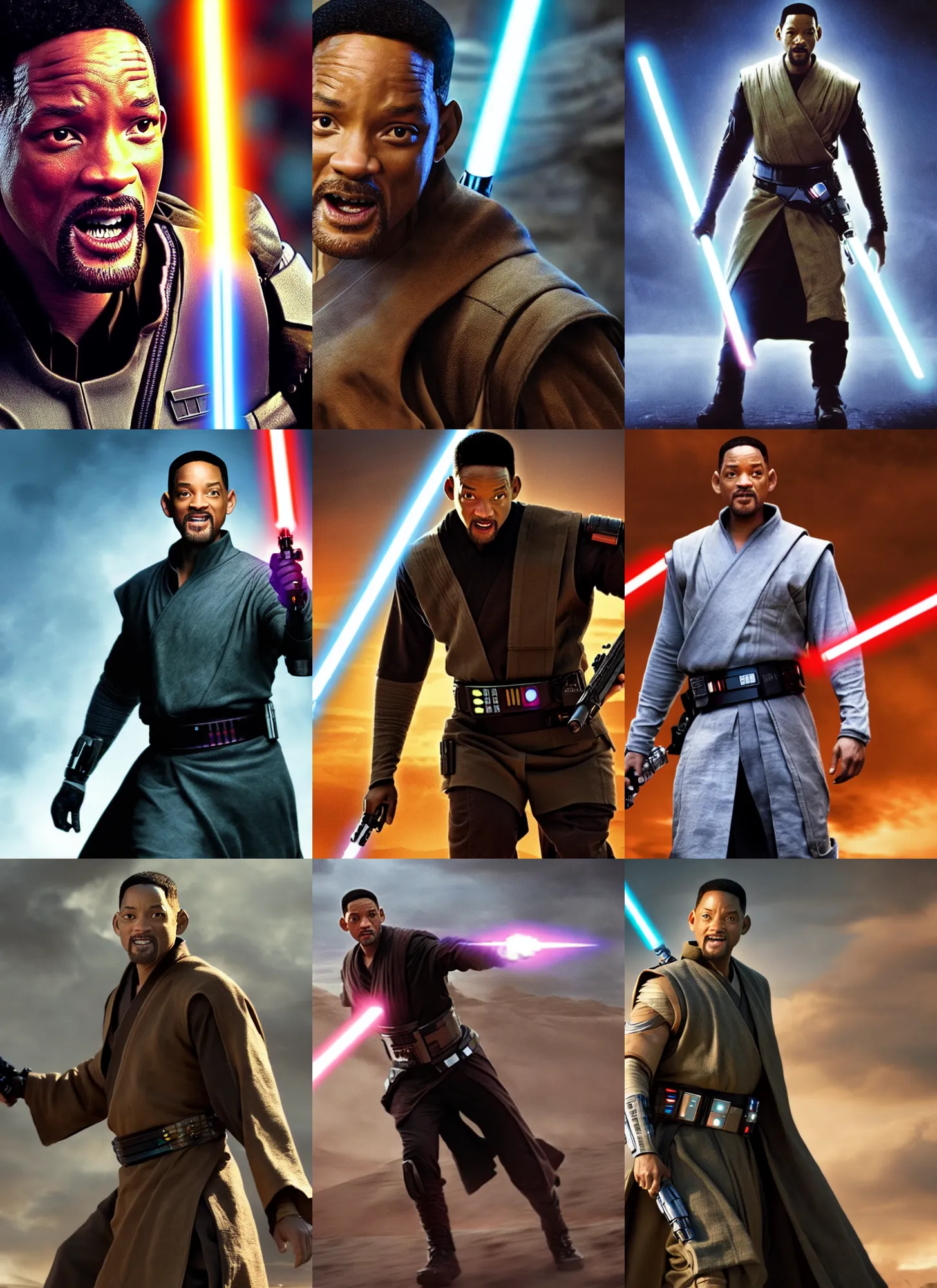 Prompt: a movie still of will smith as a jedi from star wars, detailed, dynamic lighting, heroic pose, 8 k hdr movie still