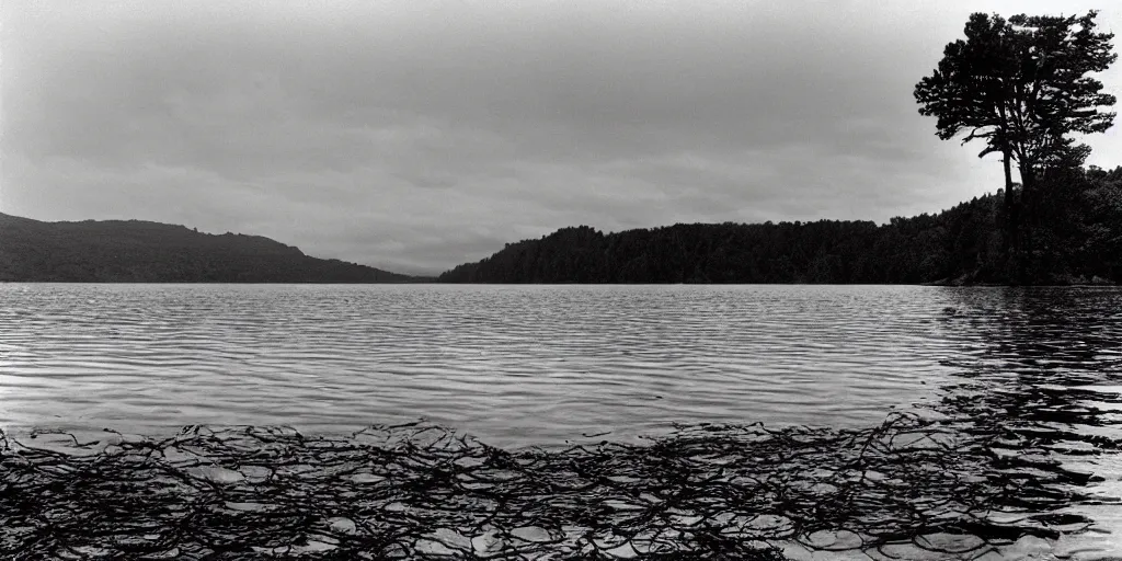 Image similar to an infinitely long rope zig - zagging across the surface of the water into the distance, floating submerged rope stretching out towards the center of the lake, a dark lake on an overcast day, rocky shore foreground, directed by stanley kubrick, atmospheric, color film, trees in the background, hyper - detailed photo, anamorphic lens