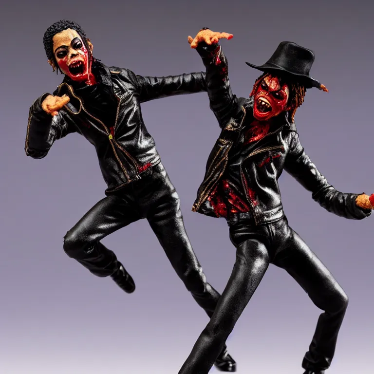 Image similar to michael jackson thriller cute toy statue, dance pose, zombie, hdr, sideshow collectibles, high detail,