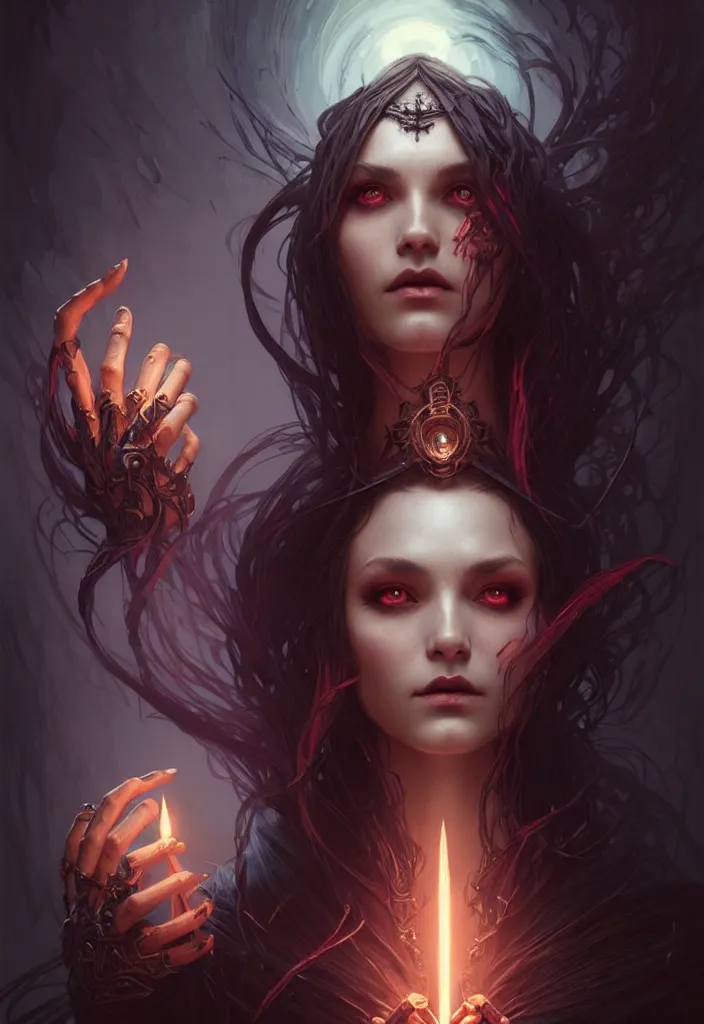 Image similar to Necromancer Sorceress, filled background around face, fantasy magic, undercut hairstyle, dark light night, intricate, elegant, sharp focus, illustration, highly detailed, digital painting, concept art, matte, art by WLOP and Artgerm and Greg Rutkowski and Alphonse Mucha, masterpiece