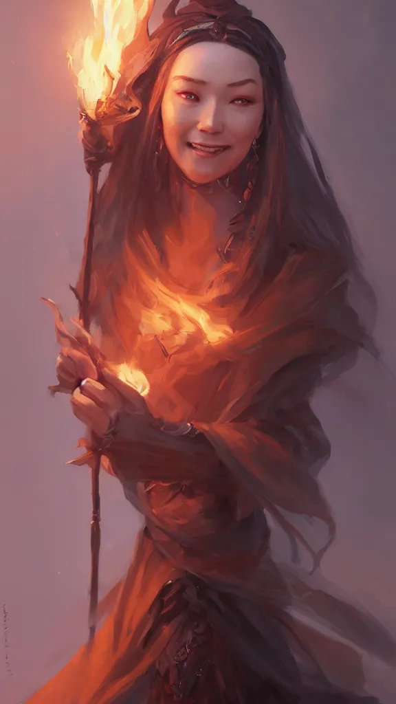 Image similar to An ultradetailed portrait of a smiling female goddess wizard of fire wearing long black duster by Tian Zi, Mandy Jurgens and Viktoria Gavrilenko trending on artstation :1.7