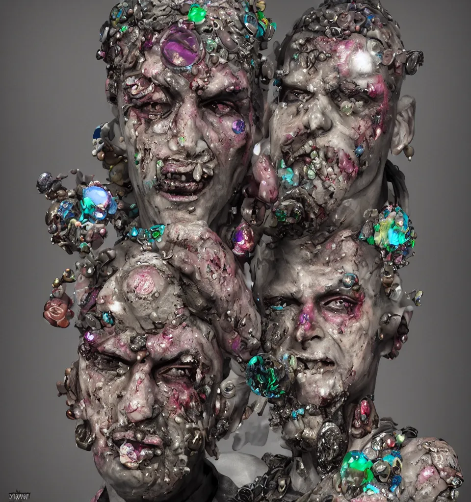 Image similar to portrait headshot of a zombie punk encrusted with gems seashells and crystals, photorealistic, dynamic lighting, action figure, clay sculpture, claymation, gradient studio background, trending on artstation